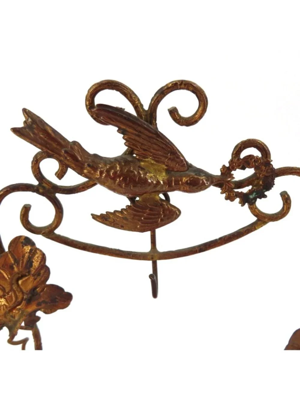 Antique French Gilt Pocket Watch Holder Vanity Pink Glass Bowl Bird Flowers